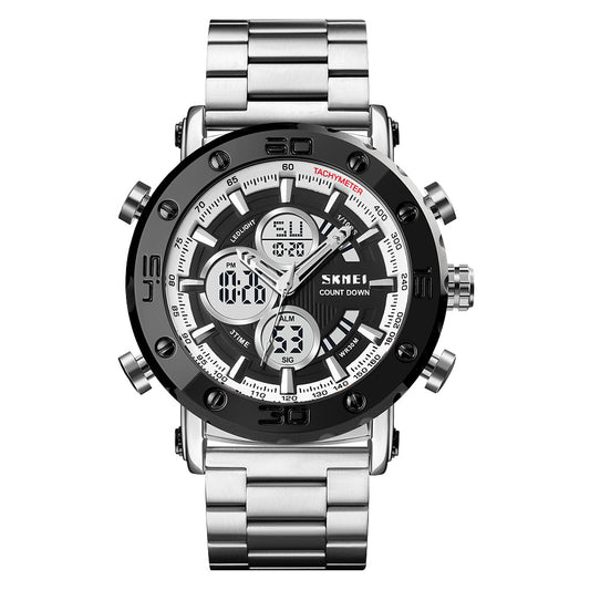 Skmei 1636 Dual Time Analog Digital Stainless Steel Band Men’s Watch Silver White