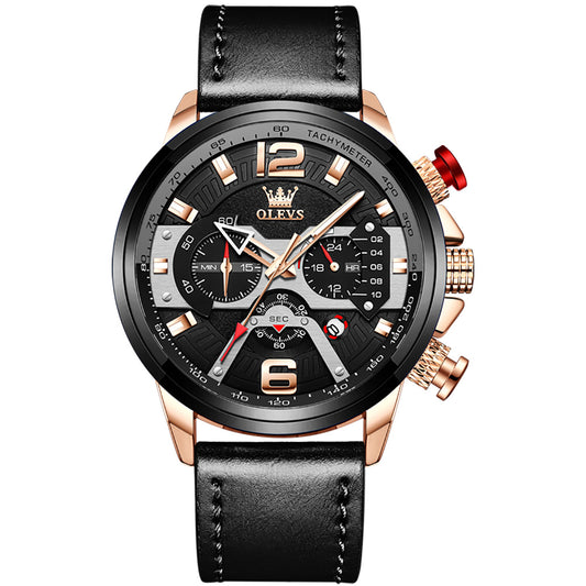 Olevs 9915 Mens Sports Multifunction Wrist Watch With Chronograph & Leather Strap Black