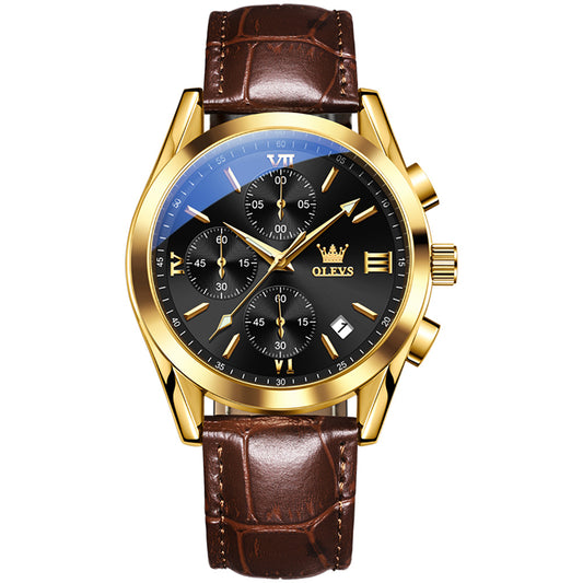 Olevs 2872 Mens Classic Waterproof Genuine Leather Strap Quartz Wrist Watch Black