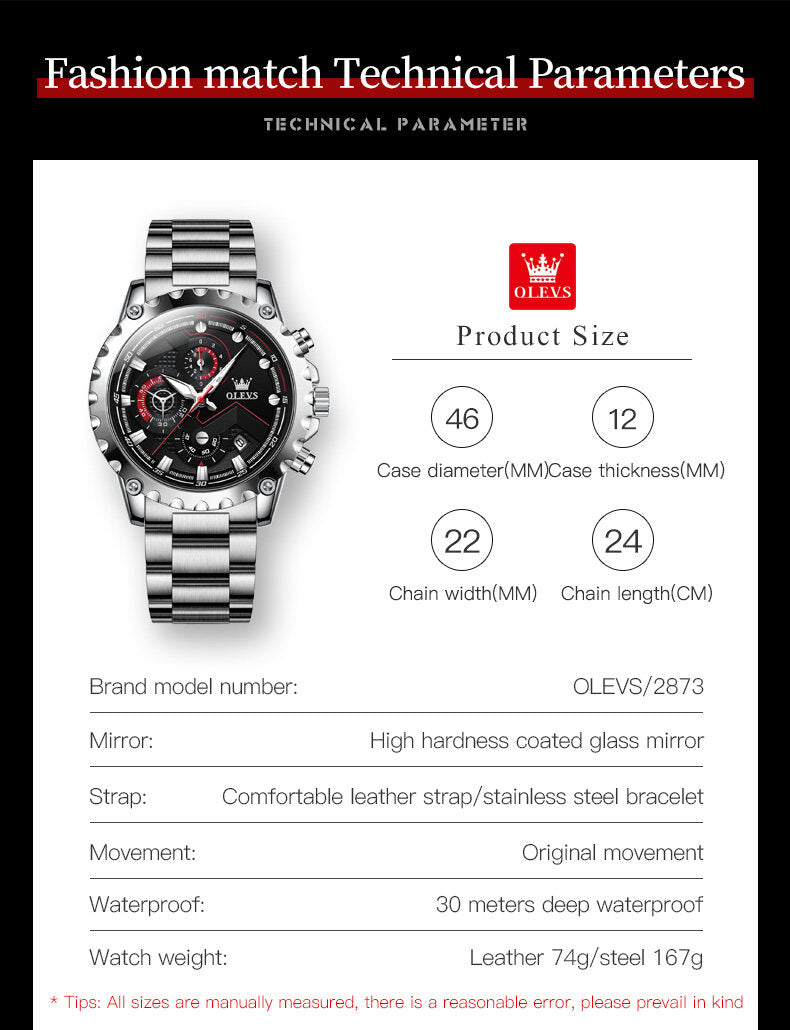 Olevs 2873 Mens Sports Multifunction Wrist Watch With Stainless Steel Strap