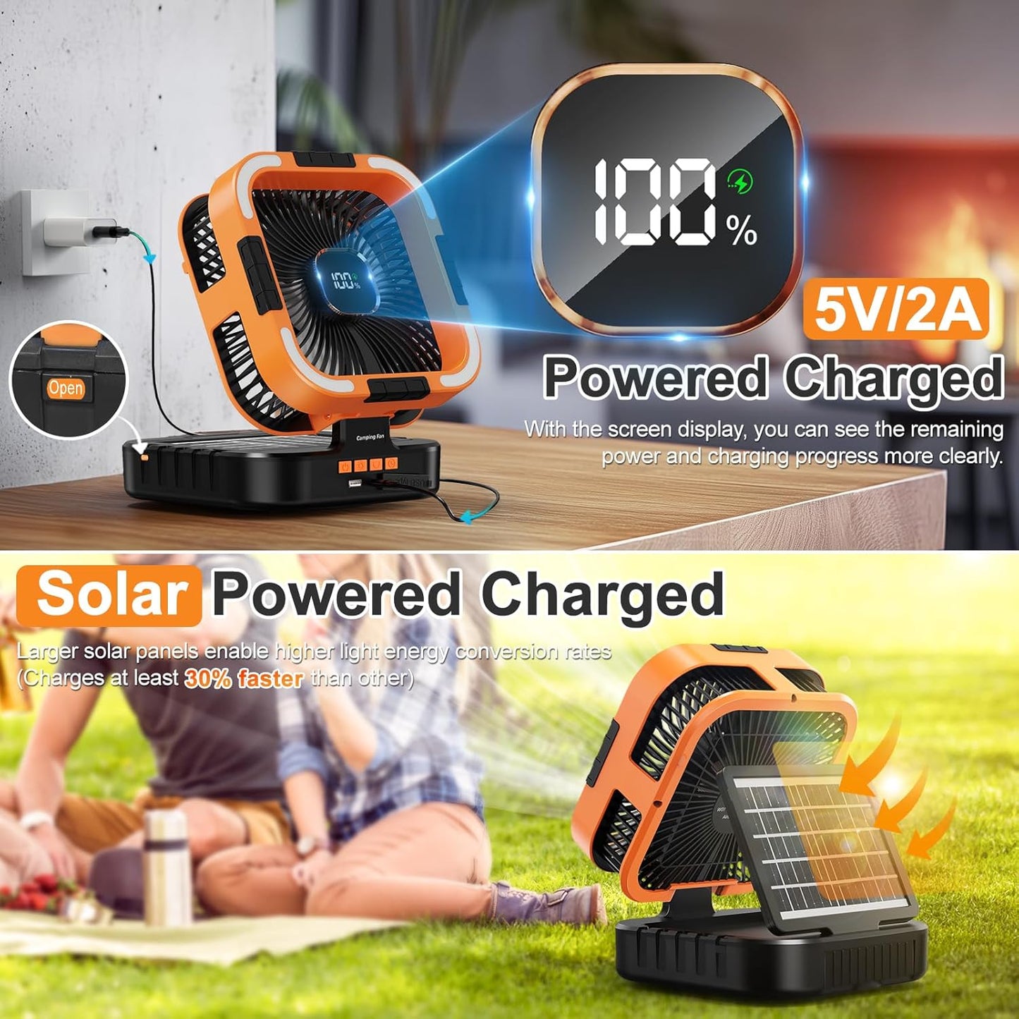 MD-F905 Solar Powered Rechargeable Camping Fan with LED Light & Power Bank