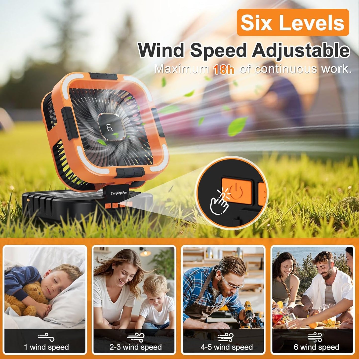 MD-F905 Solar Powered Rechargeable Camping Fan with LED Light & Power Bank