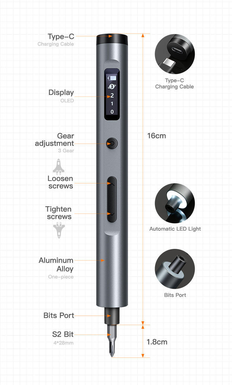 Electric Precision Screwdriver Kit 60 Pcs S2 Bits + USB-C Charging