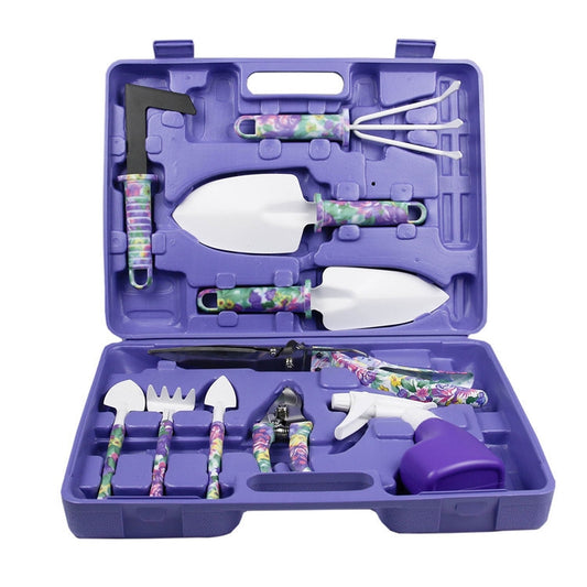 10 Piece Floral Print Gardening Hand Tools with Carrying Case Purple