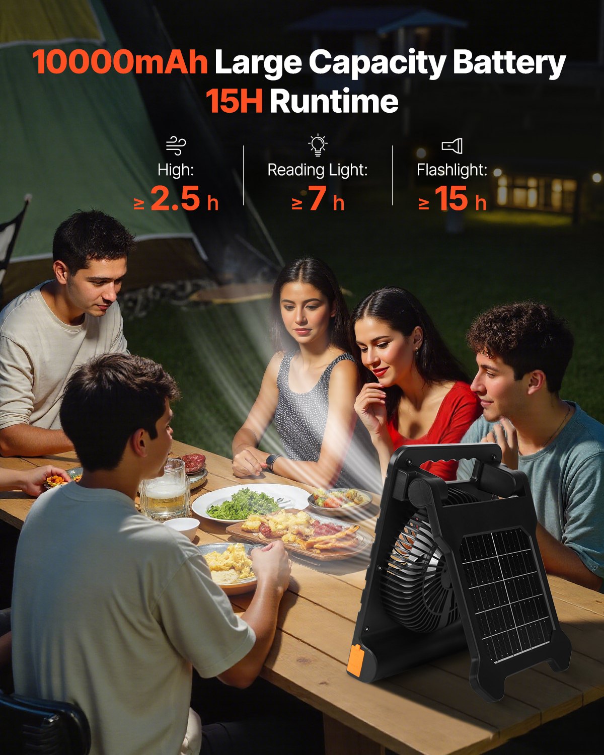 10000mAh Solar Rechargeable Cordless Camping Fan LED Light