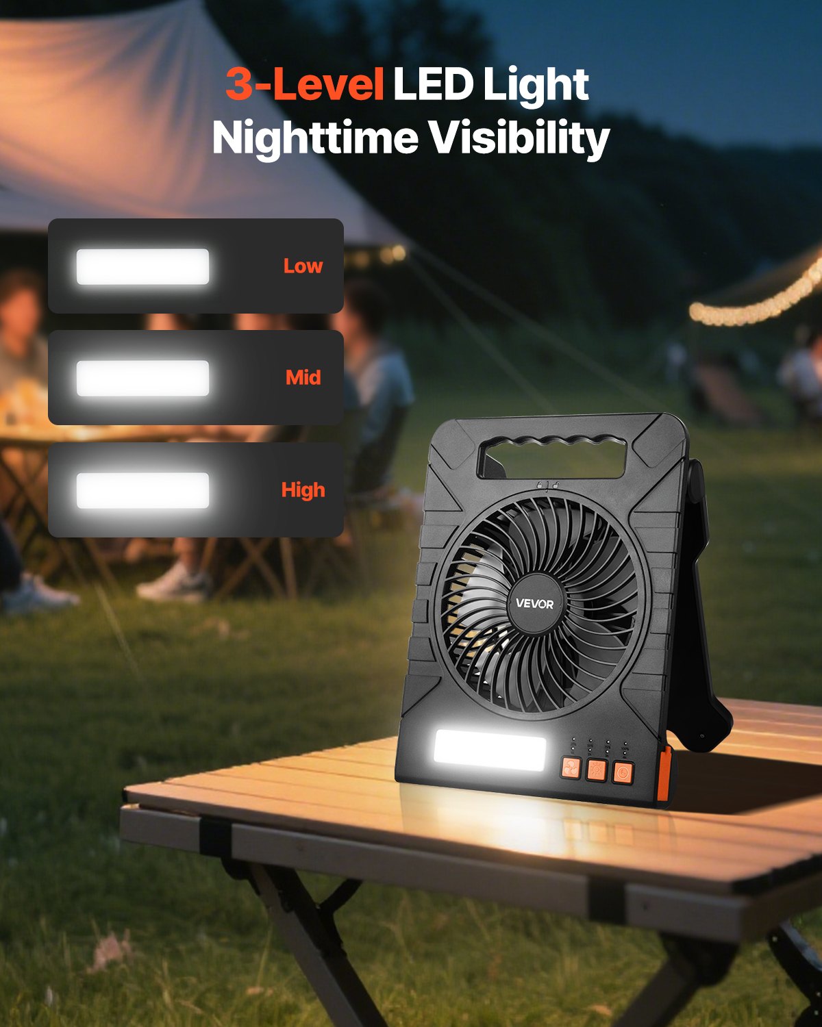 10000mAh Solar Rechargeable Cordless Camping Fan LED Light