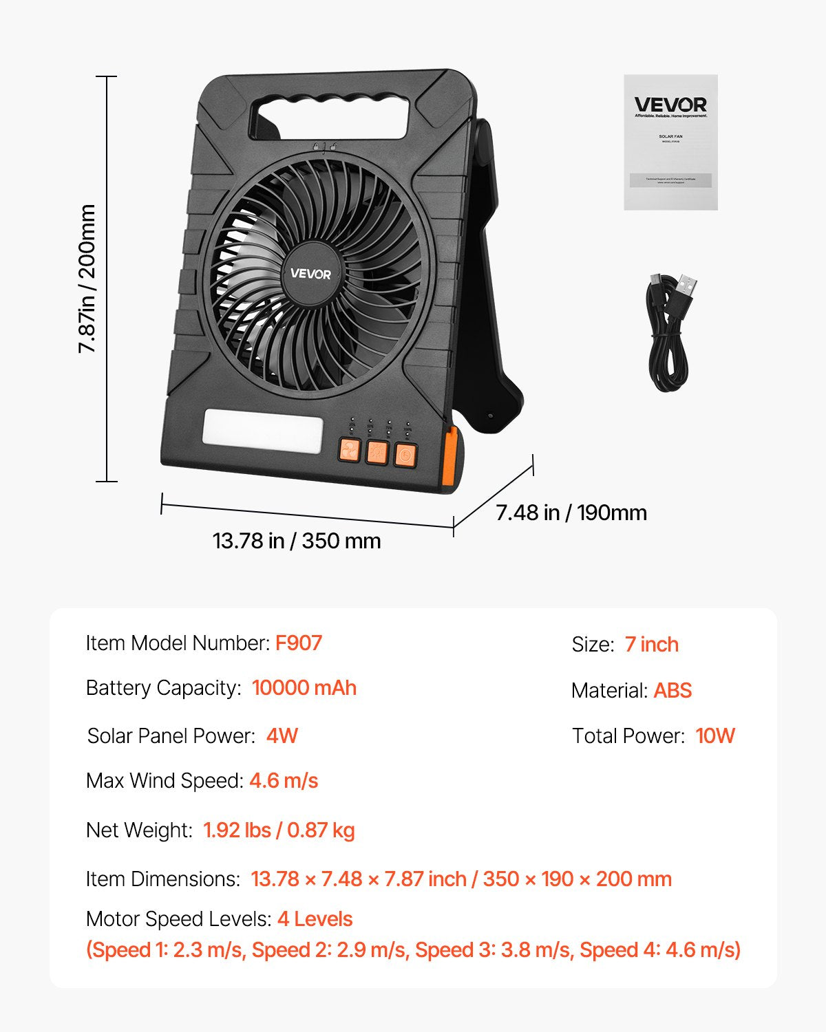 10000mAh Solar Rechargeable Cordless Camping Fan LED Light