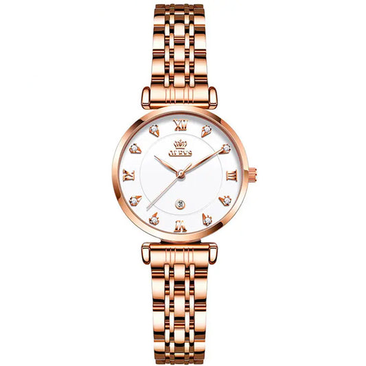 Olevs 5866 Ladies Embellished Rose Gold Wrist Watch With Stainless Steel Strap White