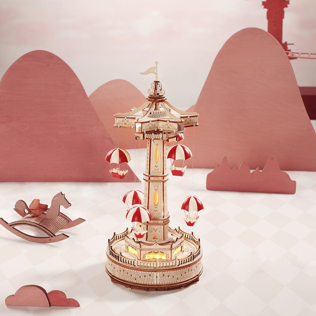 Robotime Parachute Tower DIY Music Box 3D Wooden Puzzle