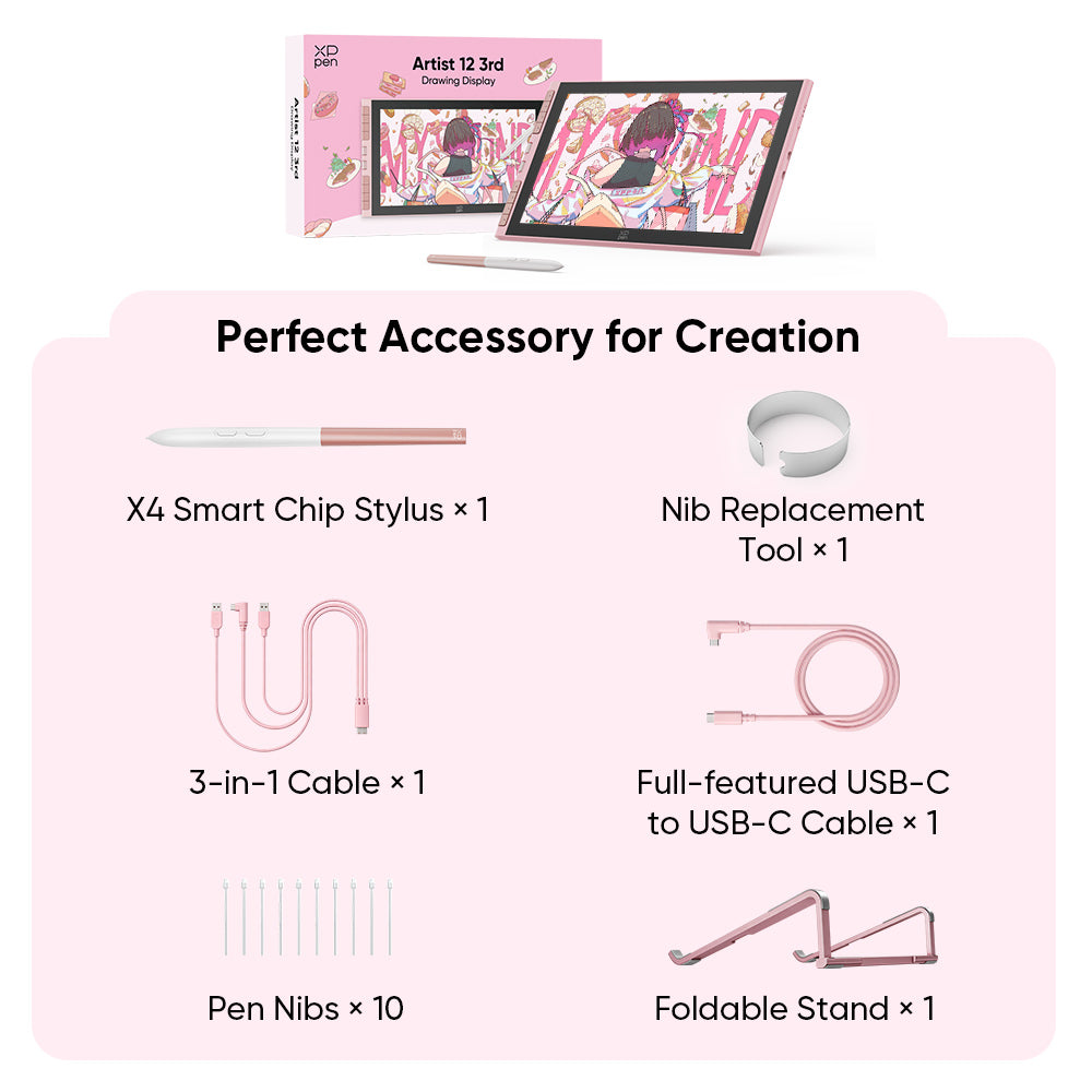 XPPen Artist 12 3rd Gen Display Graphics Drawing Tablet & Stylus Pink