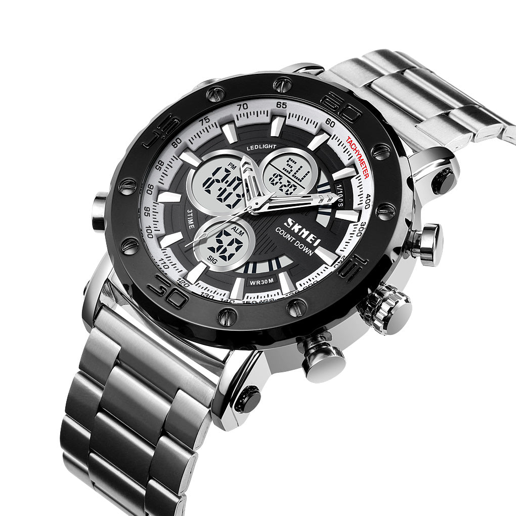 Skmei 1636 Dual Time Analog Digital Stainless Steel Band Men’s Watch Silver White