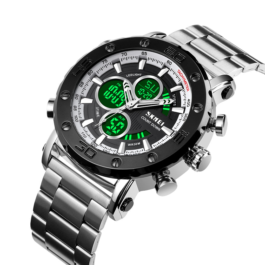 Skmei 1636 Dual Time Analog Digital Stainless Steel Band Men’s Watch Silver White