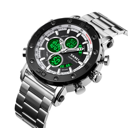 Skmei 1636 Dual Time Analog Digital Stainless Steel Band Men’s Watch Silver White