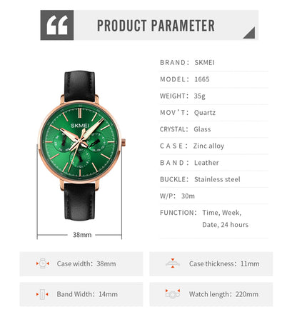 Skmei 1665 Stainless Steel Quartz Women's Wrist Watch With Leather Strap