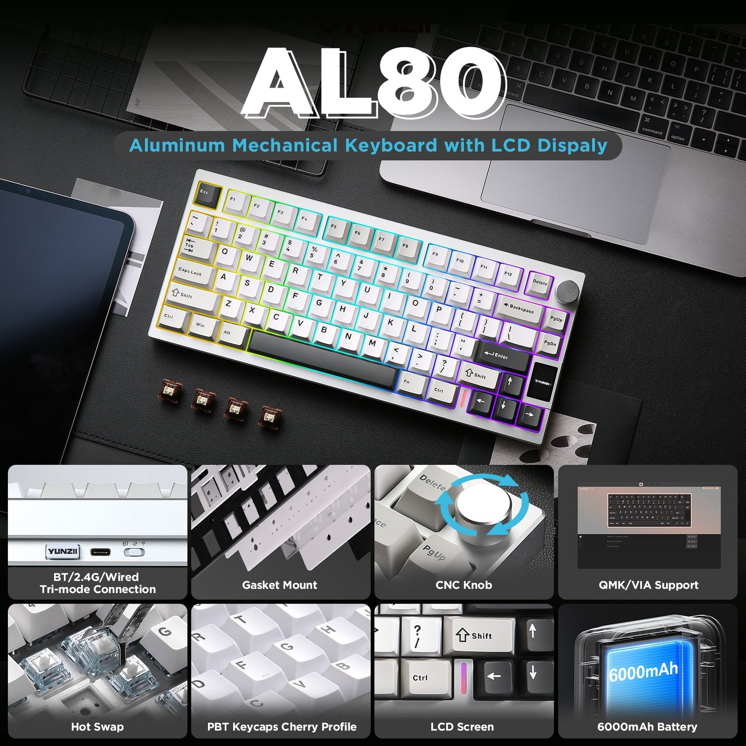 YUNZII AL80 QMK/VIA Aluminum LCD Wireless Mechanical Gaming Keyboard