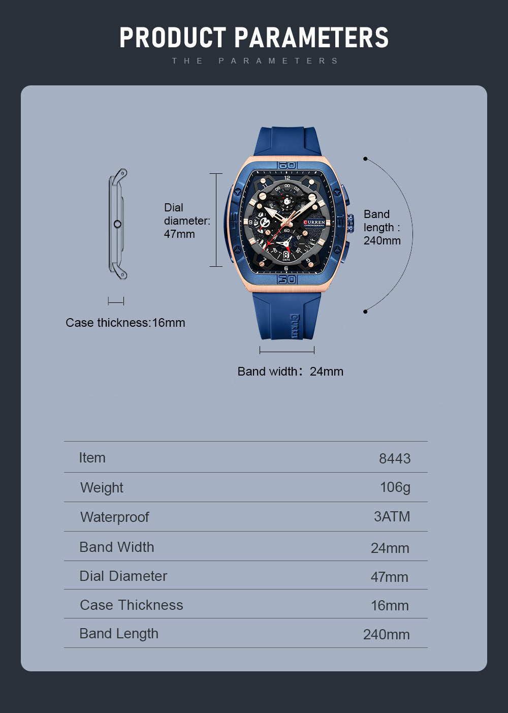 Curren 8443 Luxury Business Sports Wrist Watch Silicone Strap