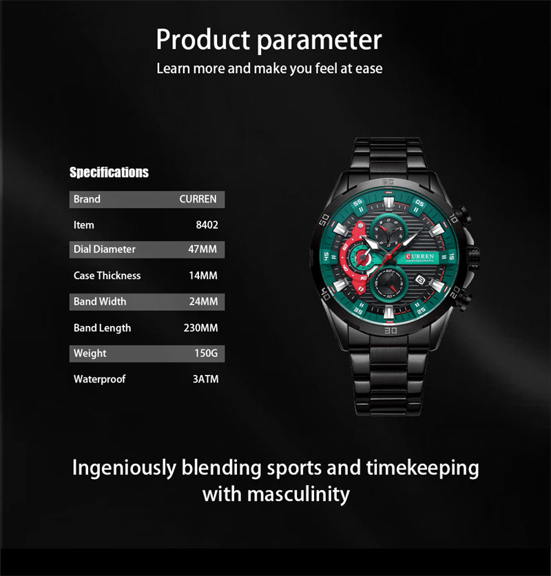 Curren 8402 Calendar Six-Hand Stainless Steel Strap Business Quartz Watch