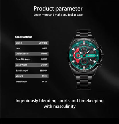 Curren 8402 Calendar Six-Hand Stainless Steel Strap Business Quartz Watch