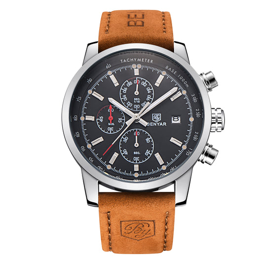 Benyar 5102 Men's Chronograph Quartz Luxury Wrist Watch Black Leather