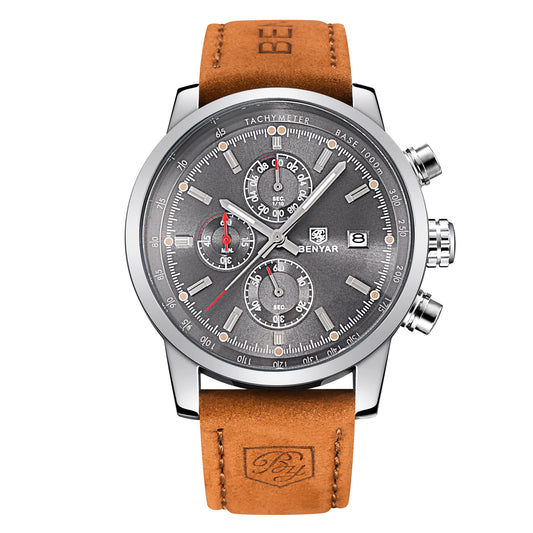 Benyar 5102 Men's Chronograph Quartz Luxury Wrist Watch Silver Leather