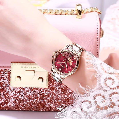 Olevs 6610 Ladies Mechanical Wrist Watch With Stainless Steel Strap Red
