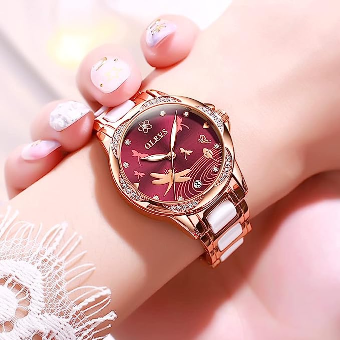 Olevs 6610 Ladies Mechanical Wrist Watch With Stainless Steel Strap Red
