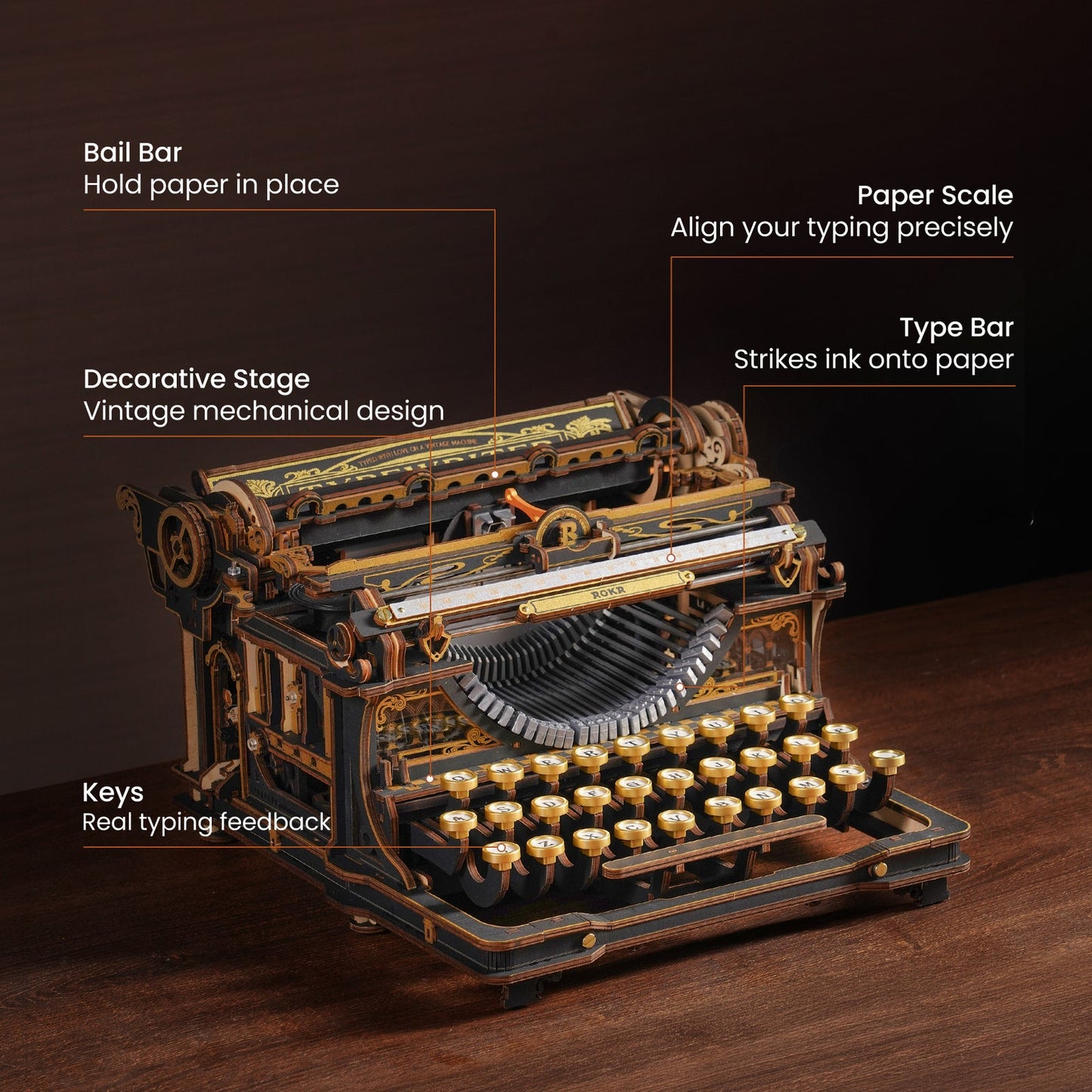 Robotime Mechanical Typewriter Wooden 3D DIY Puzzle (Classic Version)