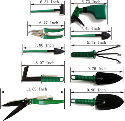 10 Piece Gardening Hand Tools with Carrying Case Green