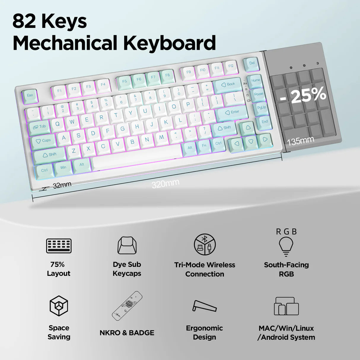 YUNZII YZ75 Pro Wireless Mechanical Keyboard with Hot Swappable Switches Mint