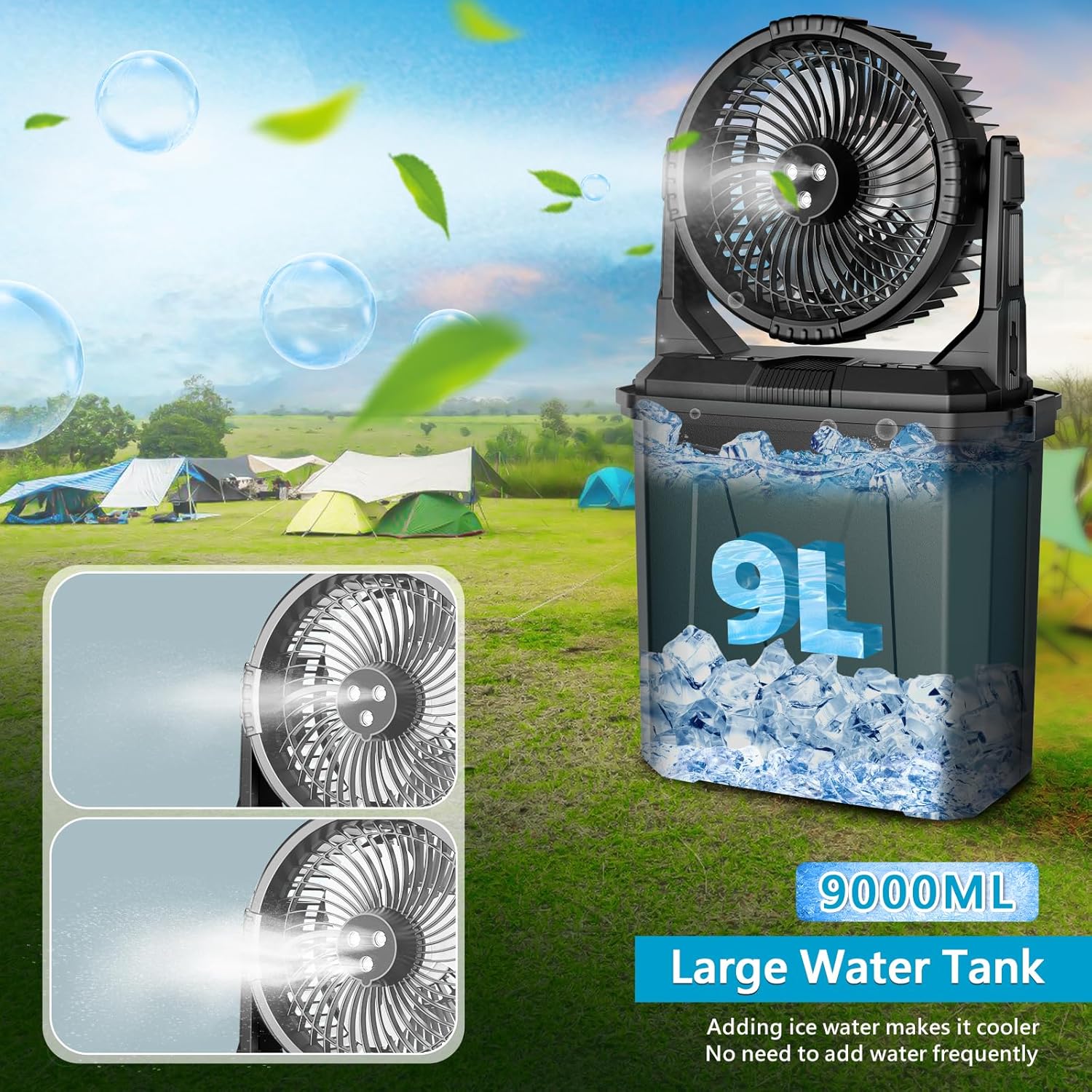 Portable Rechargeable Spray Mist Outdoor Camping Fan LED Light & Power Bank