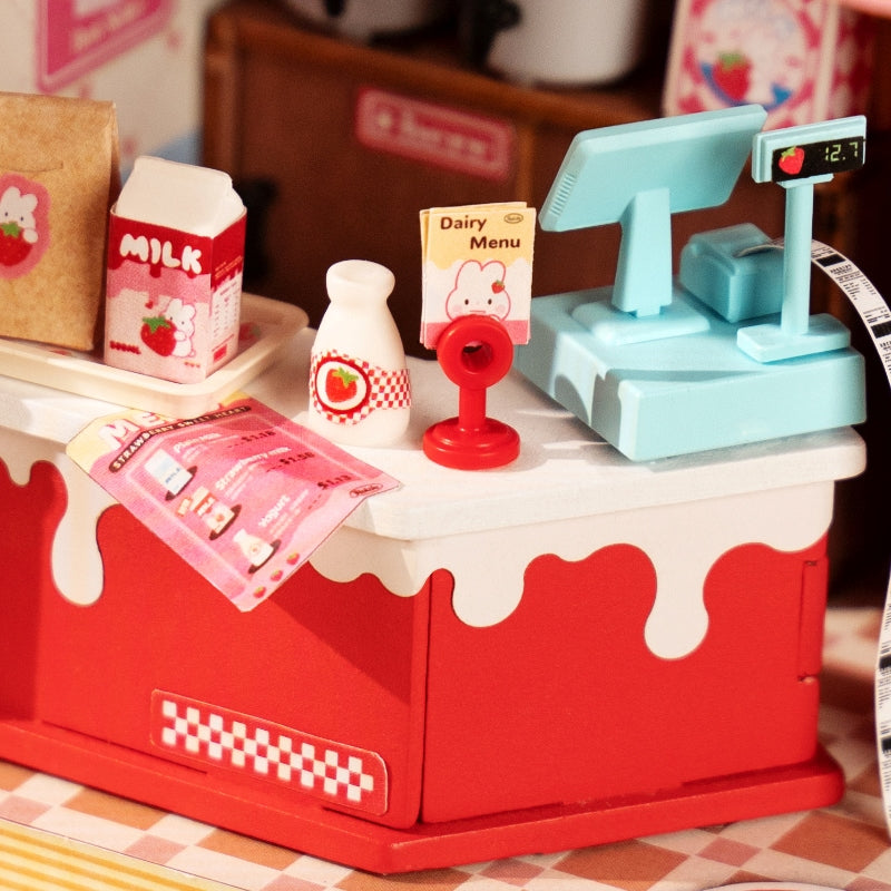 Robotime Strawberry Milk Box Shop DIY 3D Miniature Dollhouse Kit