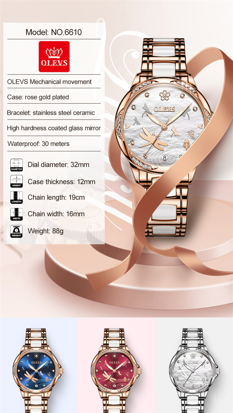 Olevs 6610 Ladies Mechanical Wrist Watch With Stainless Steel Strap White