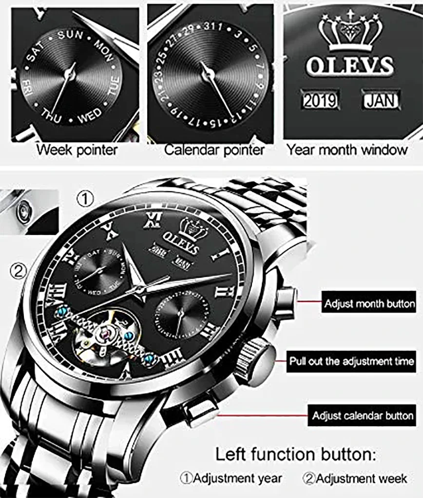 Olevs 6607 Mechanical Wrist Watch With Chronograph & Stainless Steel Strap Black