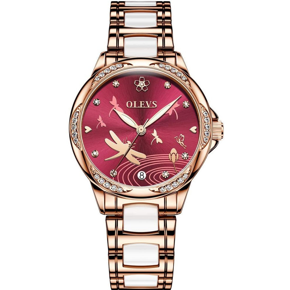 Olevs 6610 Ladies Mechanical Wrist Watch With Stainless Steel Strap Red