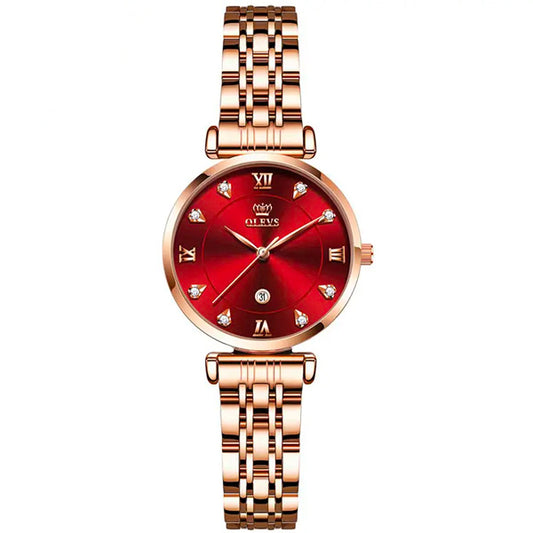 Olevs 5866 Ladies Embellished Rose Gold Wrist Watch With Stainless Steel Strap Red