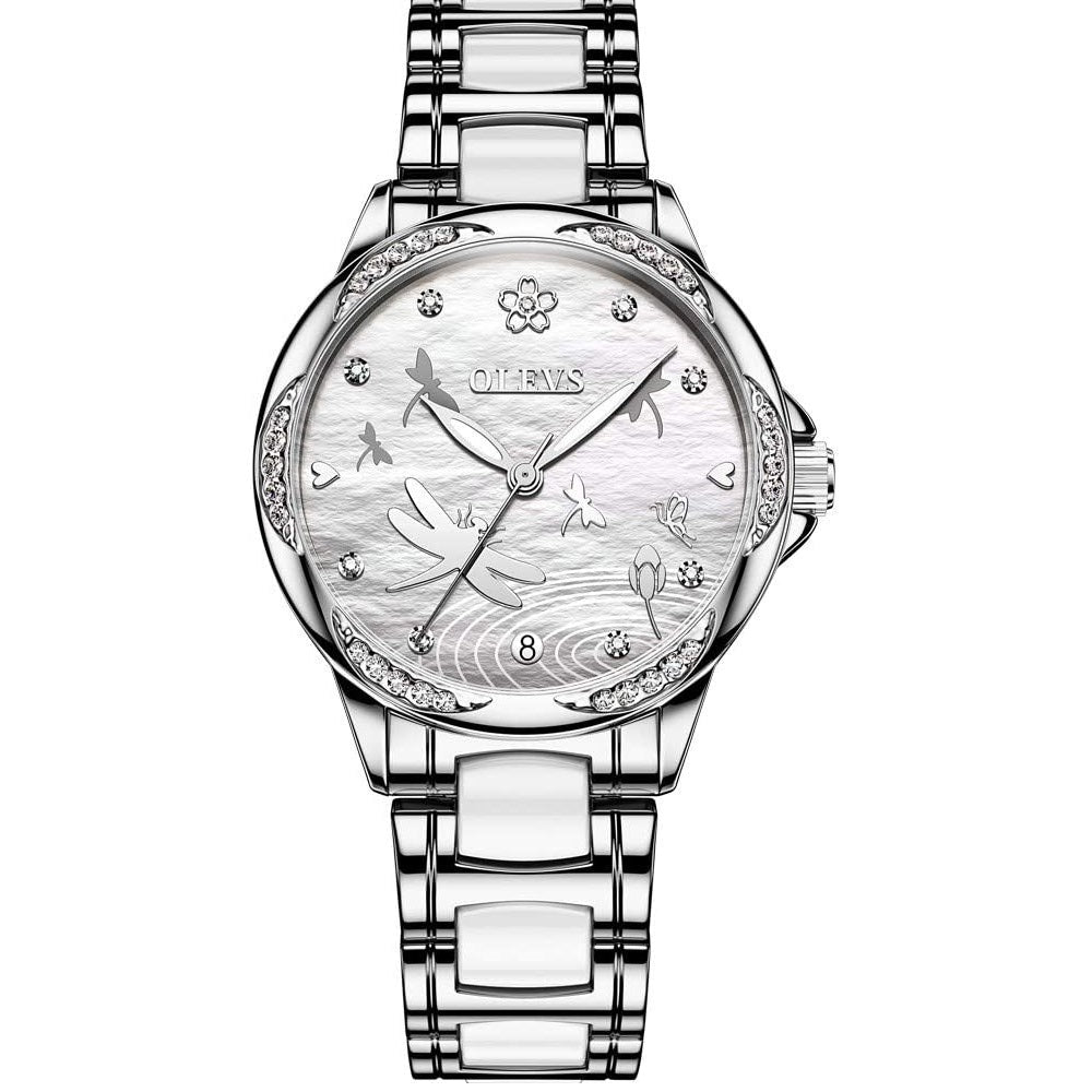 Olevs 6610 Ladies Mechanical Wrist Watch With Stainless Steel Strap White