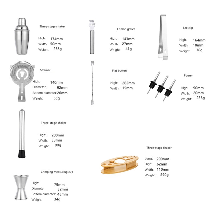 Stainless Steel Cocktail Shaker Bartender Tool 11 Piece Set