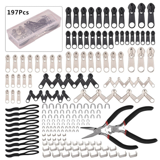 197 Piece Replacement Zip Zipper Heads Repair Kit Metal Zipper Fixer