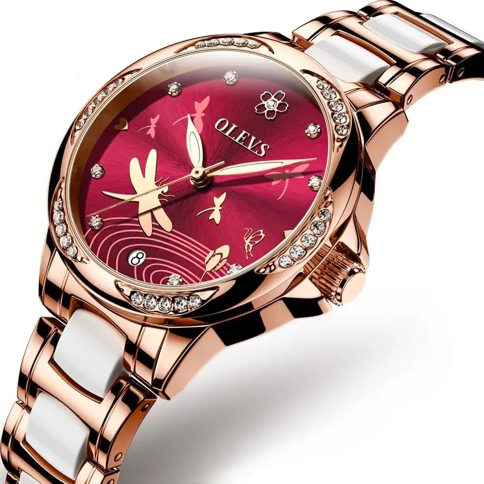 Olevs 6610 Ladies Mechanical Wrist Watch With Stainless Steel Strap Red