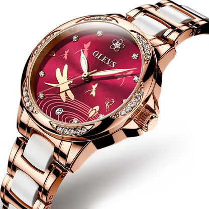 Olevs 6610 Ladies Mechanical Wrist Watch With Stainless Steel Strap Red