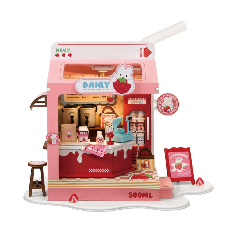 Robotime Strawberry Milk Box Shop DIY 3D Miniature Dollhouse Kit