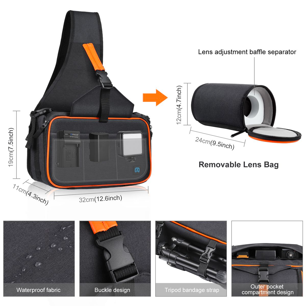 PULUZ Crossbody Camera Bag with Removeable Lens Bag